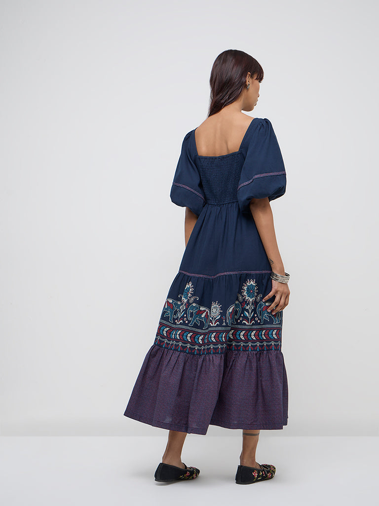 Bombay Paisley Navy Animal Design Tiered Dress