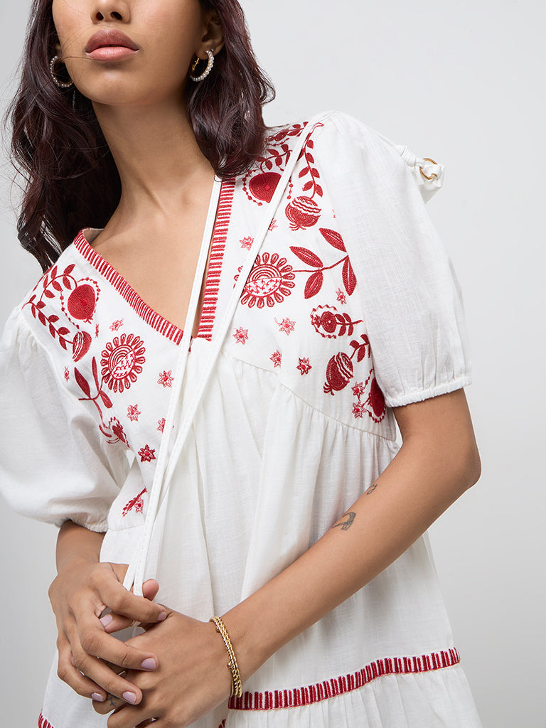 Bombay Paisley Off-White Embroidered Cotton Tiered Dress