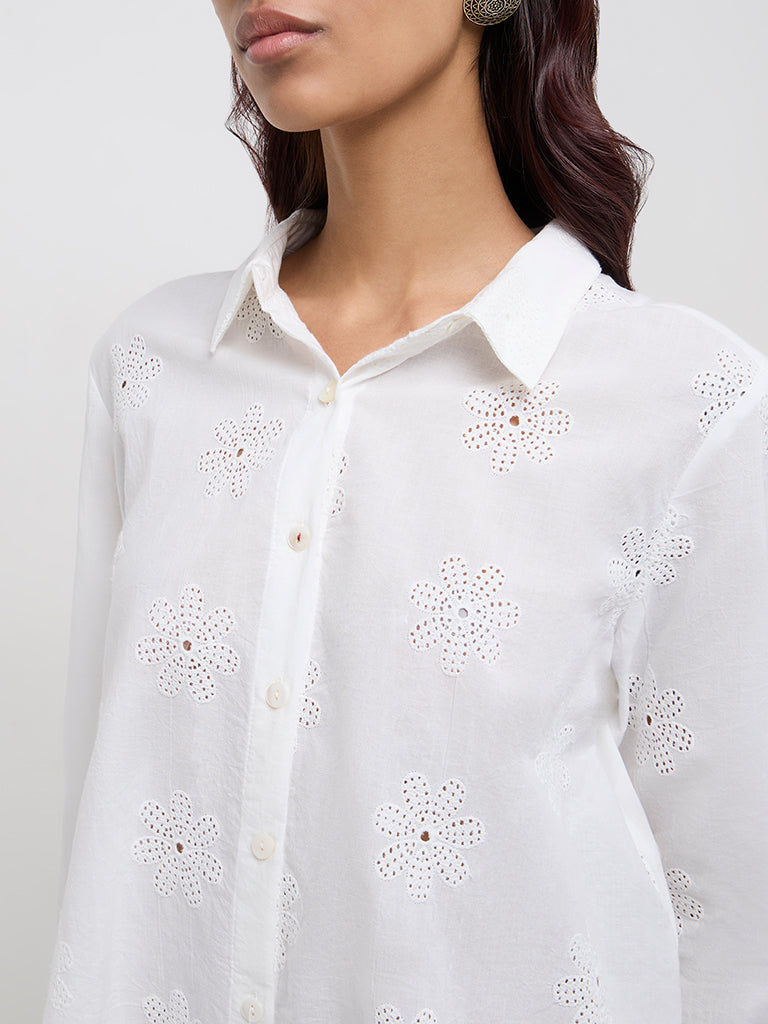 Bombay Paisley White Floral Embroidery Cotton Shirt