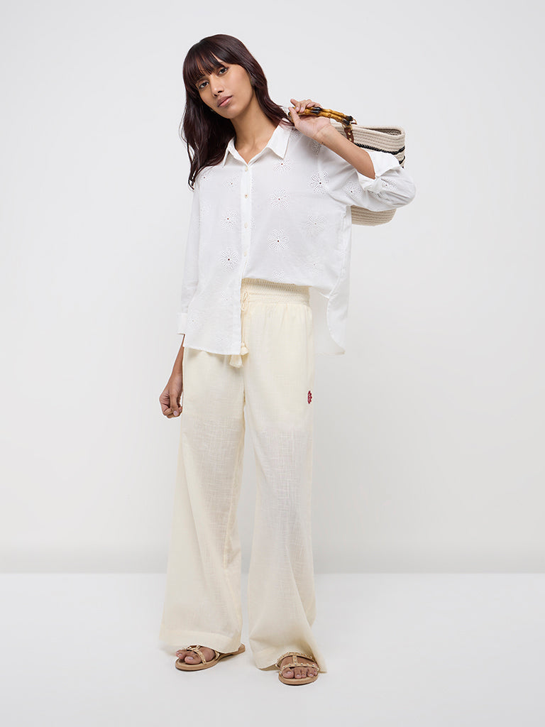 Bombay Paisley White Floral Embroidery Cotton Shirt