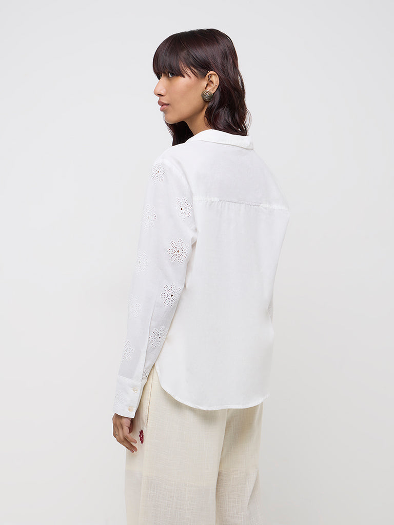 Bombay Paisley White Floral Embroidery Cotton Shirt