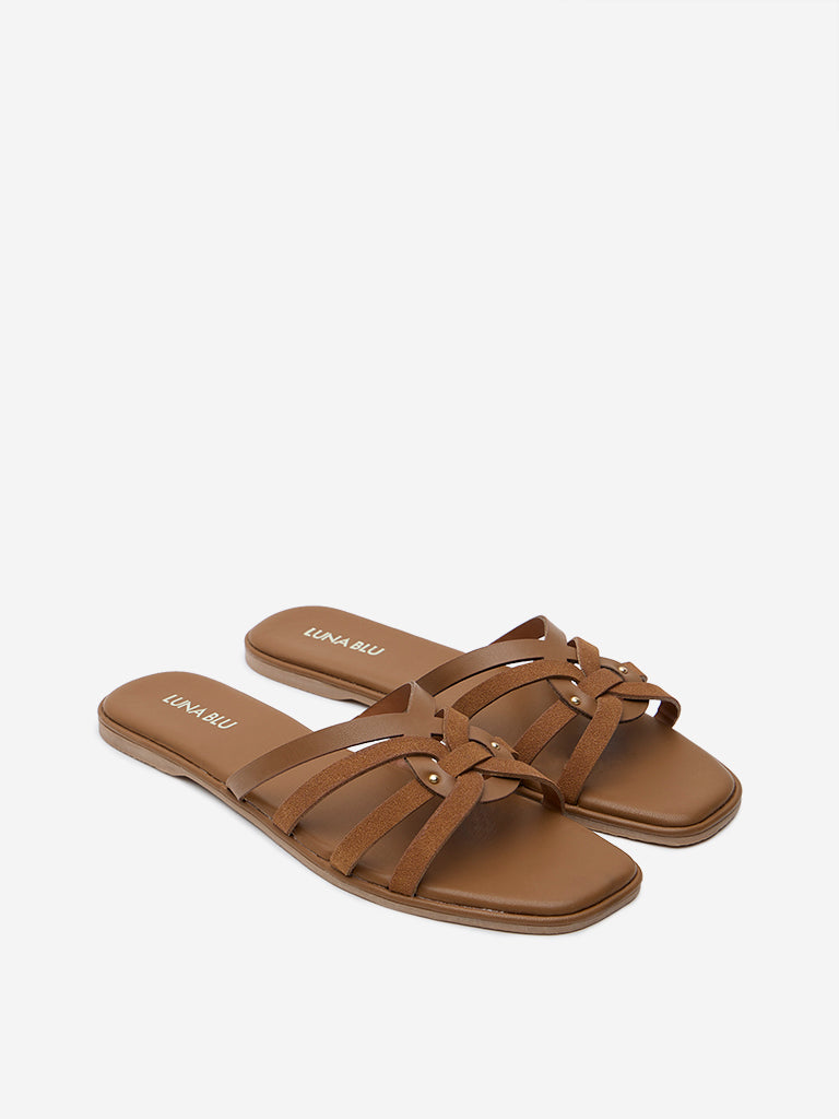 LUNA BLU Tan Multi-Strap Suede Slip-On Sandals