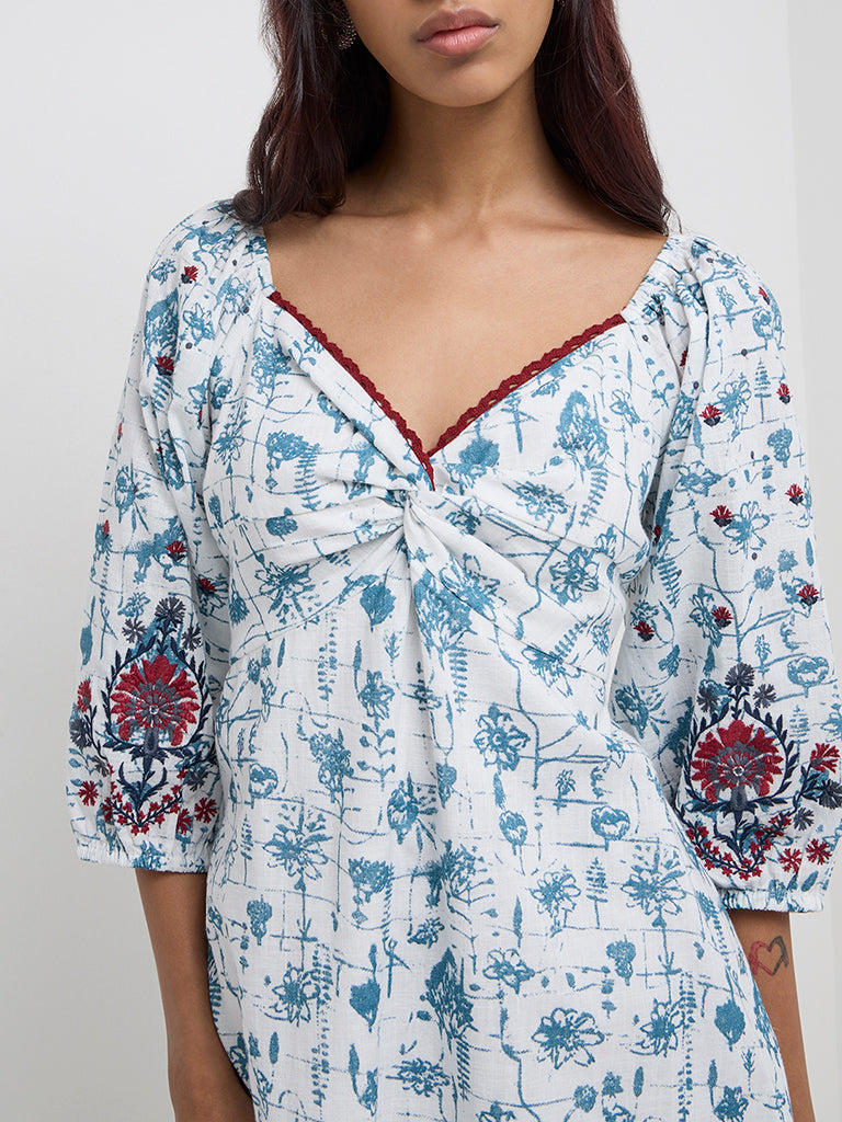 Bombay Paisley Blue Floral Embroidered Cotton A-Line Dress