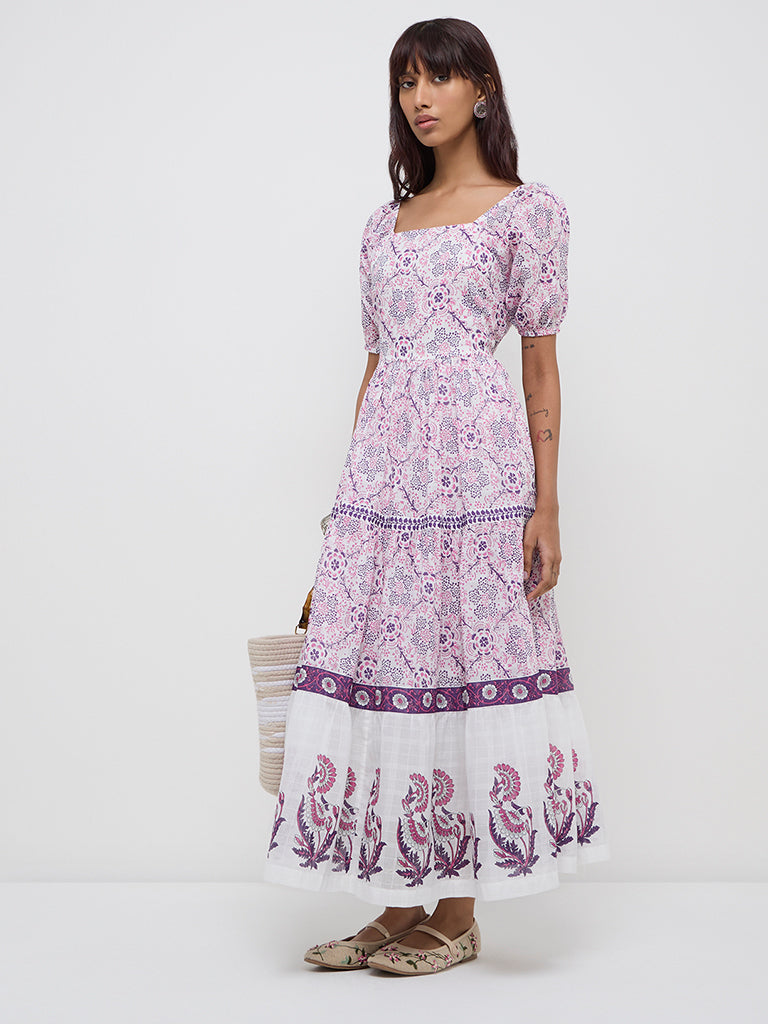 Bombay Paisley Pink Floral Design Cotton Tiered Dress