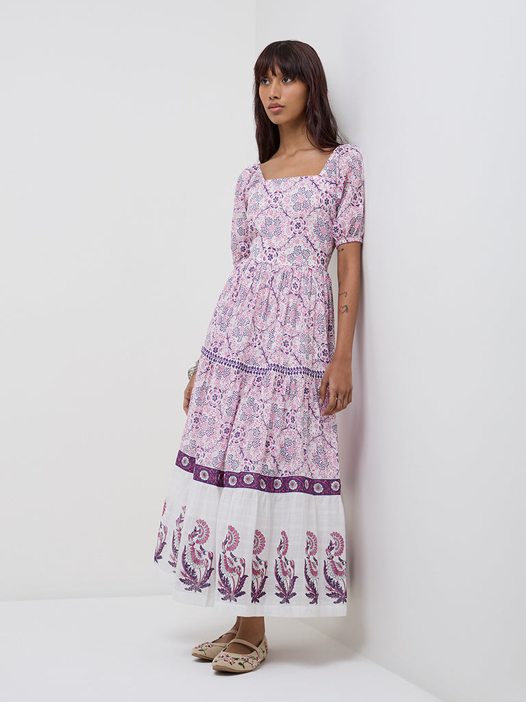 Bombay Paisley Pink Floral Design Cotton Tiered Dress
