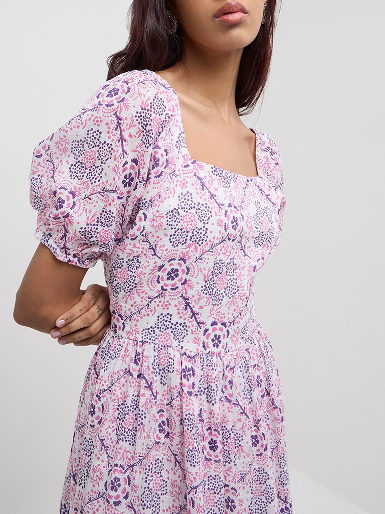 Bombay Paisley Pink Floral Design Cotton Tiered Dress