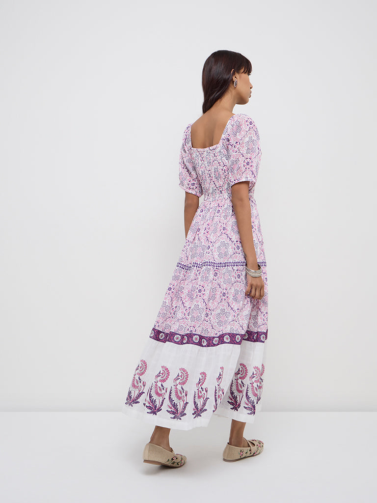 Bombay Paisley Pink Floral Design Cotton Tiered Dress