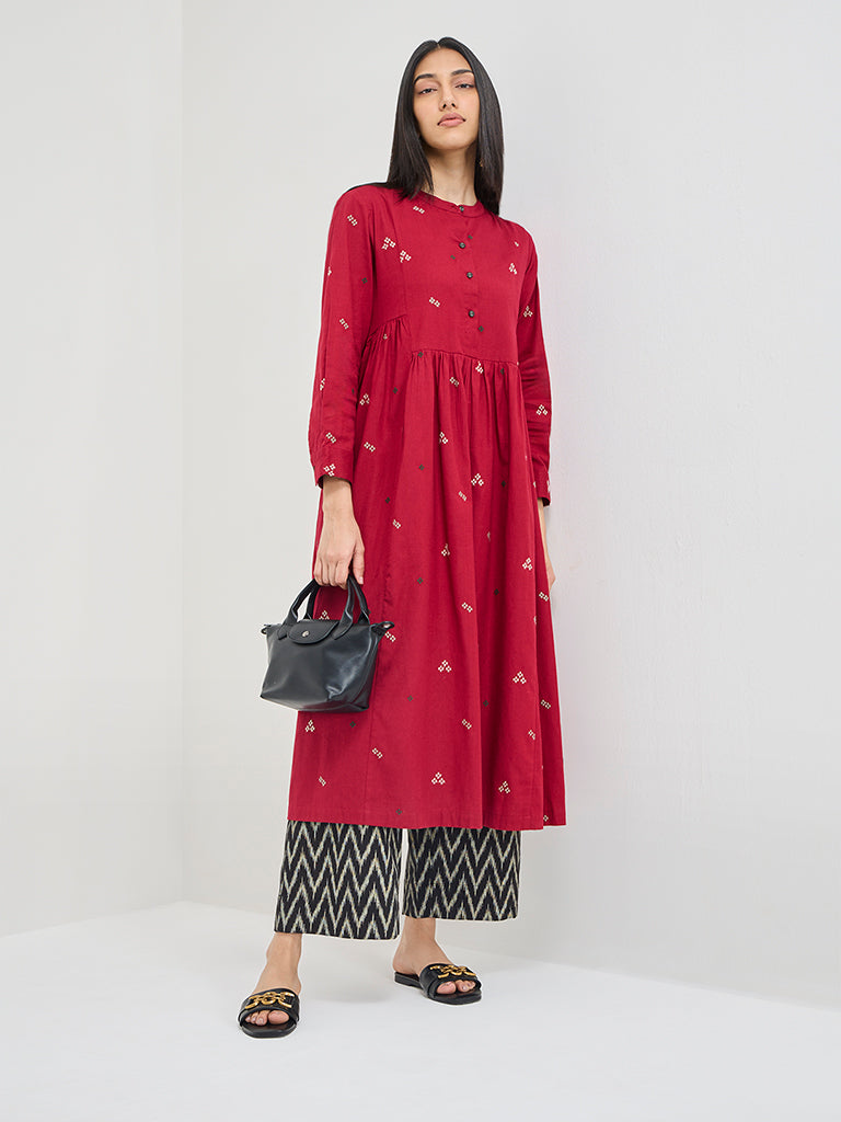 Utsa Maroon Embroidered Fit-and-Flare Cotton-Blend Kurta