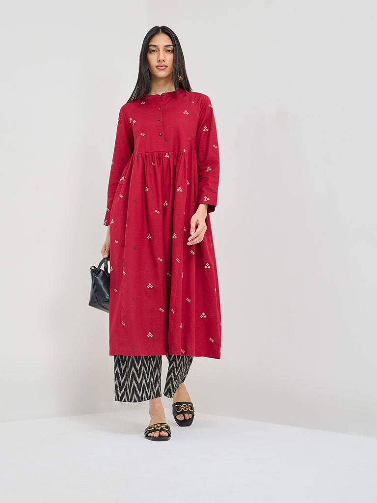 Utsa Maroon Embroidered Fit-and-Flare Cotton-Blend Kurta