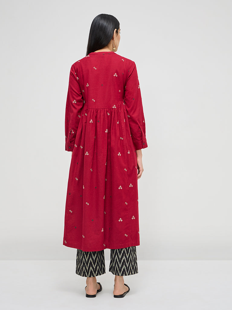 Utsa Maroon Embroidered Fit-and-Flare Cotton-Blend Kurta