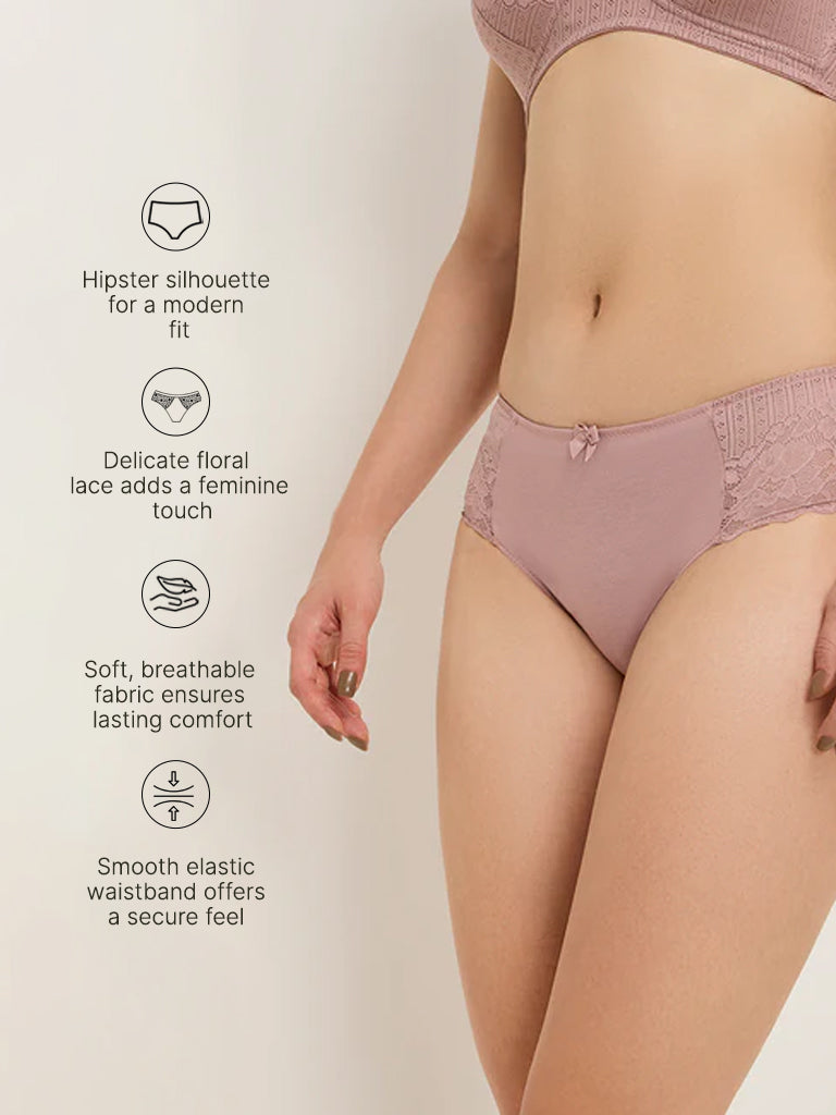 Wunderlove Mauve Floral Lace Design Cotton-Blend Hipster Brief