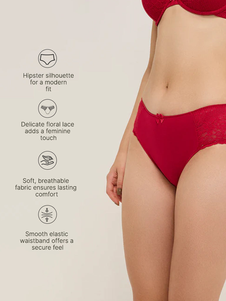 Wunderlove Red Floral Design Hipster Brief