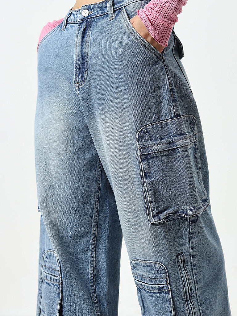 Nuon Blue Washed Relaxed - Fit High - Rise Cargo Jeans