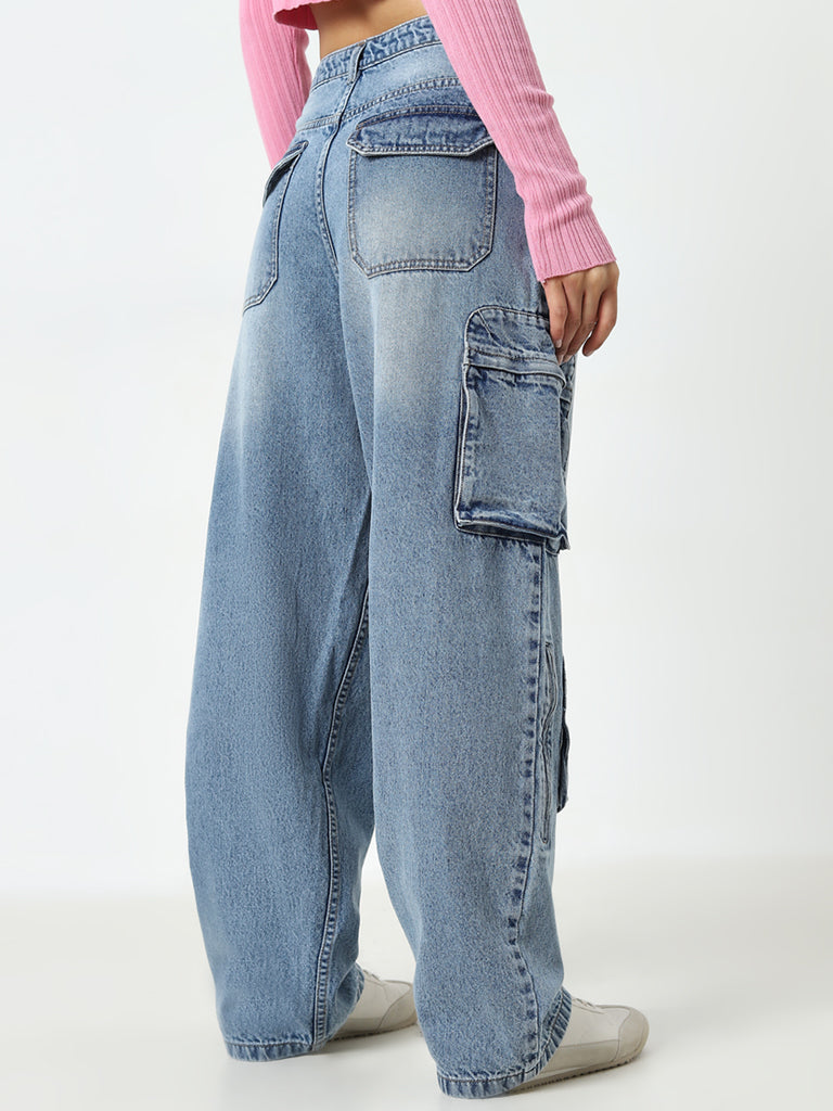 Nuon Blue Washed Relaxed - Fit High - Rise Cargo Jeans