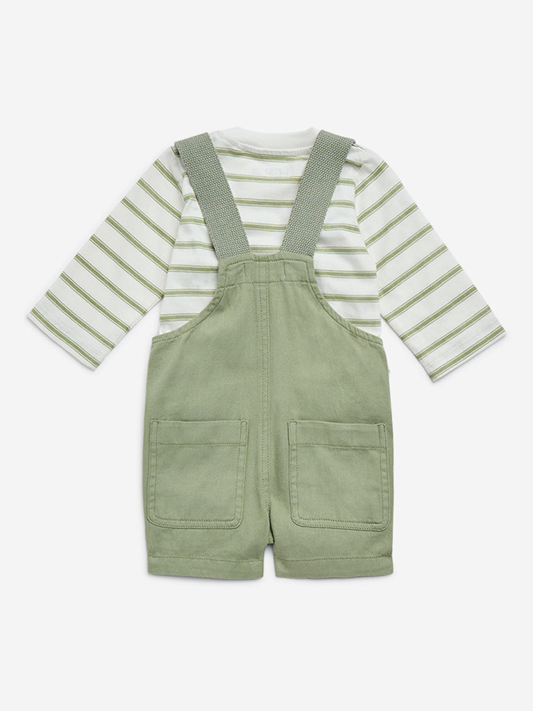 HOP Baby Olive Animal Design Cotton Dungaree & T-Shirt Set