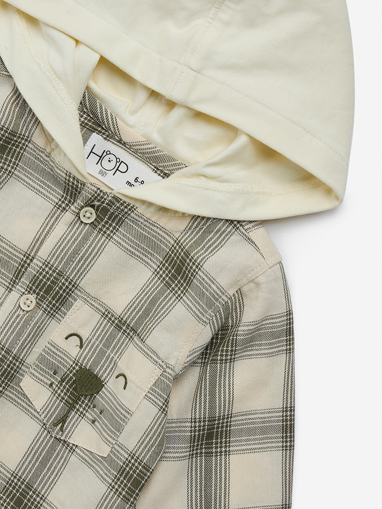 HOP Baby Olive Checks Printed Cotton Hooded Shirt