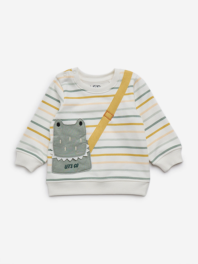 Westside HOP Baby Boy's White Striped Cotton-Blend Sweatshirt for Winter Wear Front View