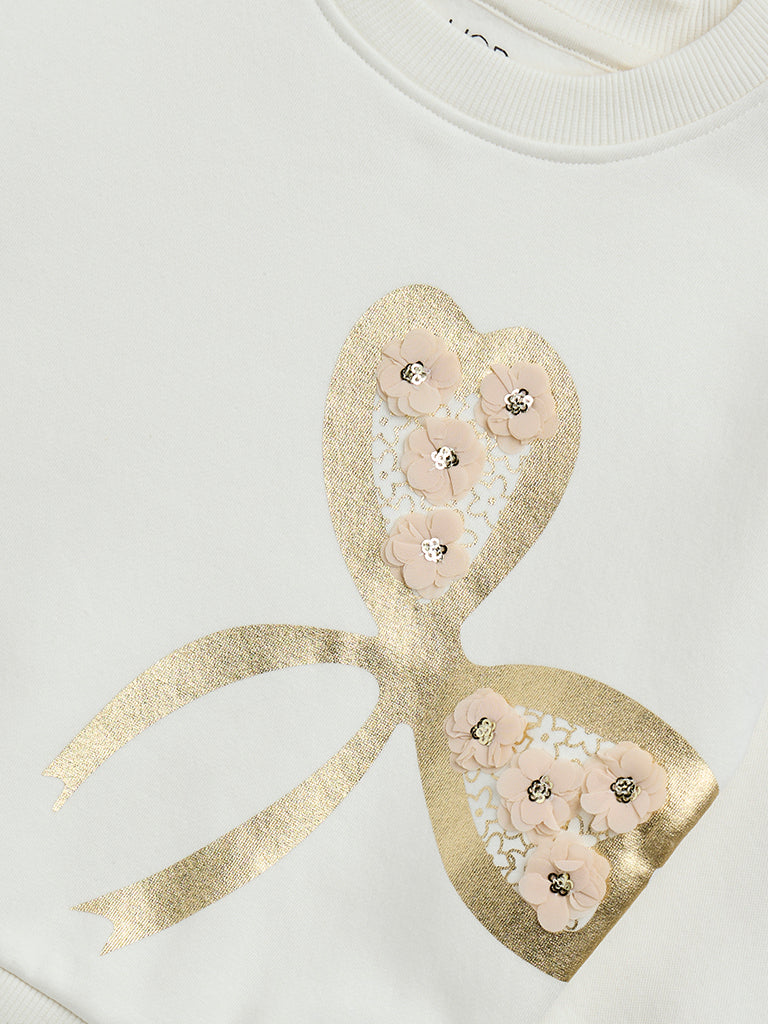 HOP Kids Off-White Bow Design Cotton-Blend Sweatshirt