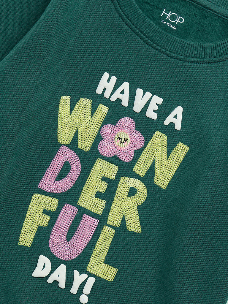 HOP Kids Dark Green Embellished Cotton-Blend Sweatshirt