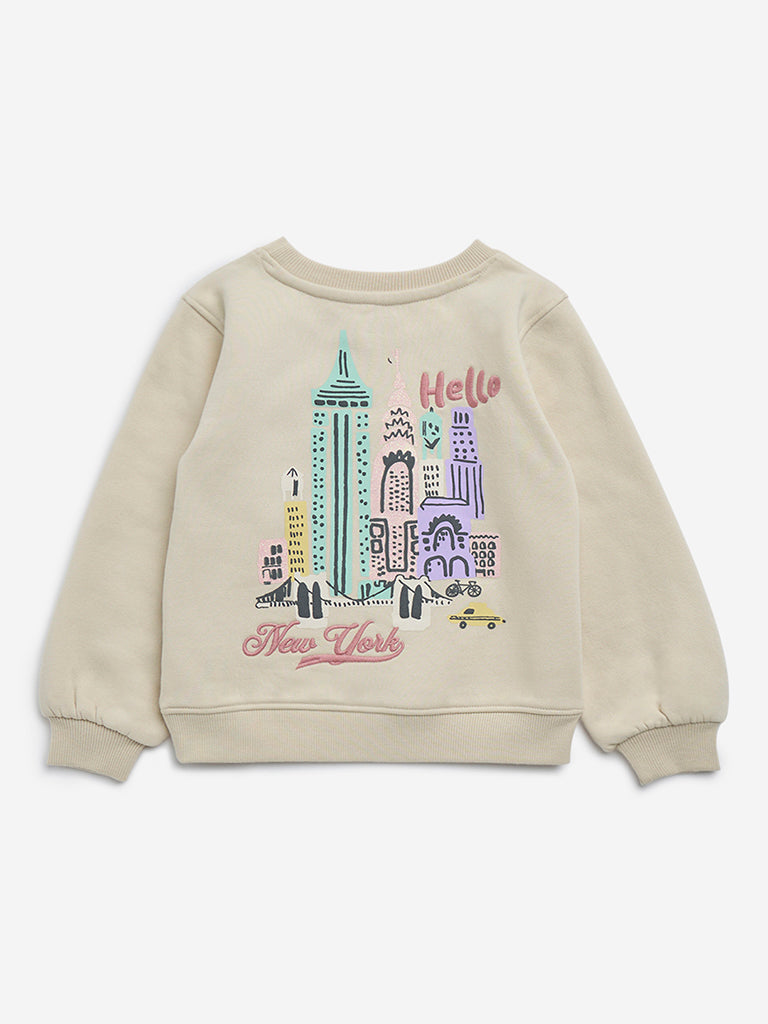 HOP Kids Beige Typographic Cotton-Blend Sweatshirt