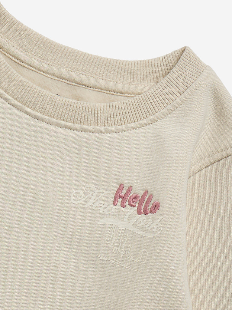 HOP Kids Beige Typographic Cotton-Blend Sweatshirt