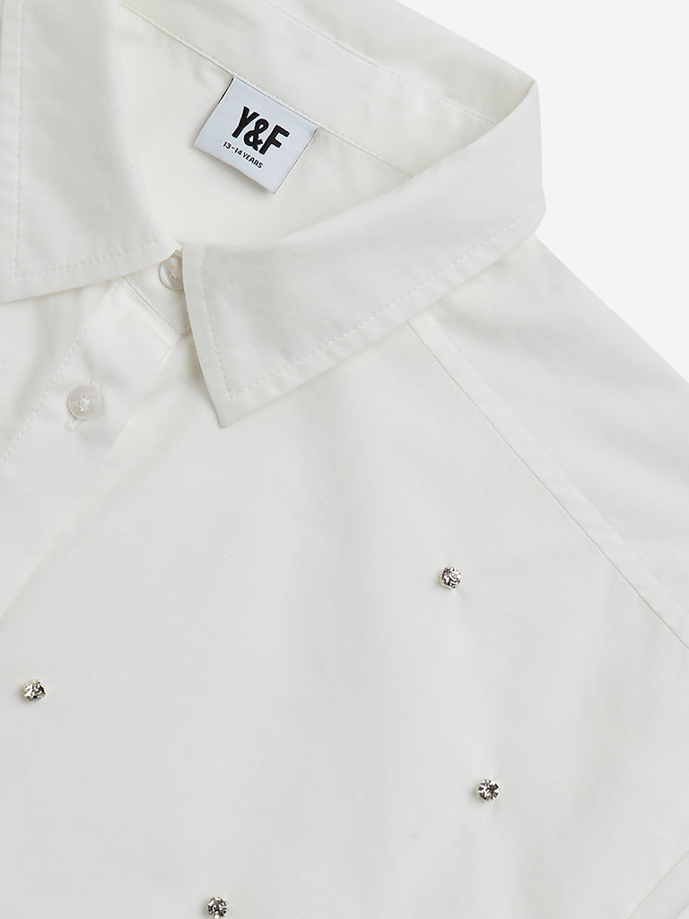 Y&F Kids White Embellished Cotton Shirt