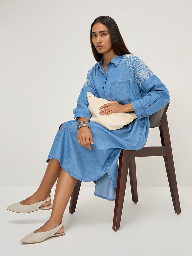 Utsa Blue Embroidered High-Low Denim Shirt Dress