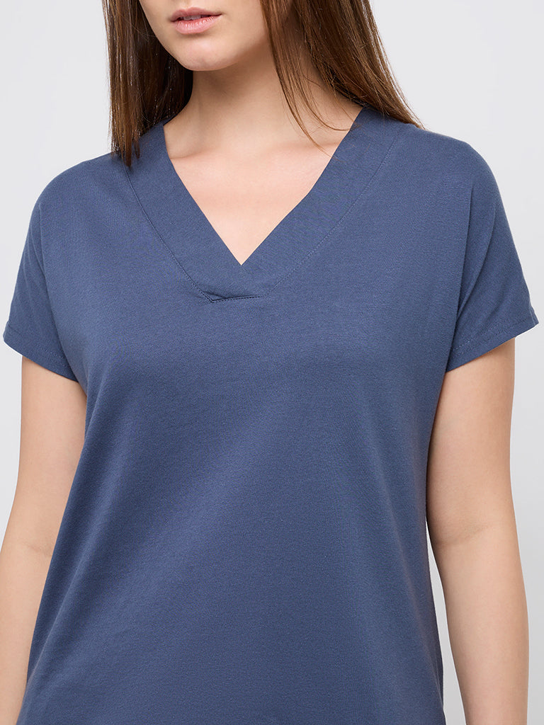 Wunderlove Dark Blue V-Neck Cotton Top