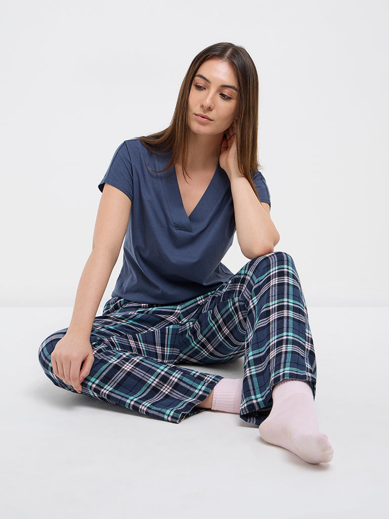 Wunderlove Dark Blue V-Neck Cotton Top