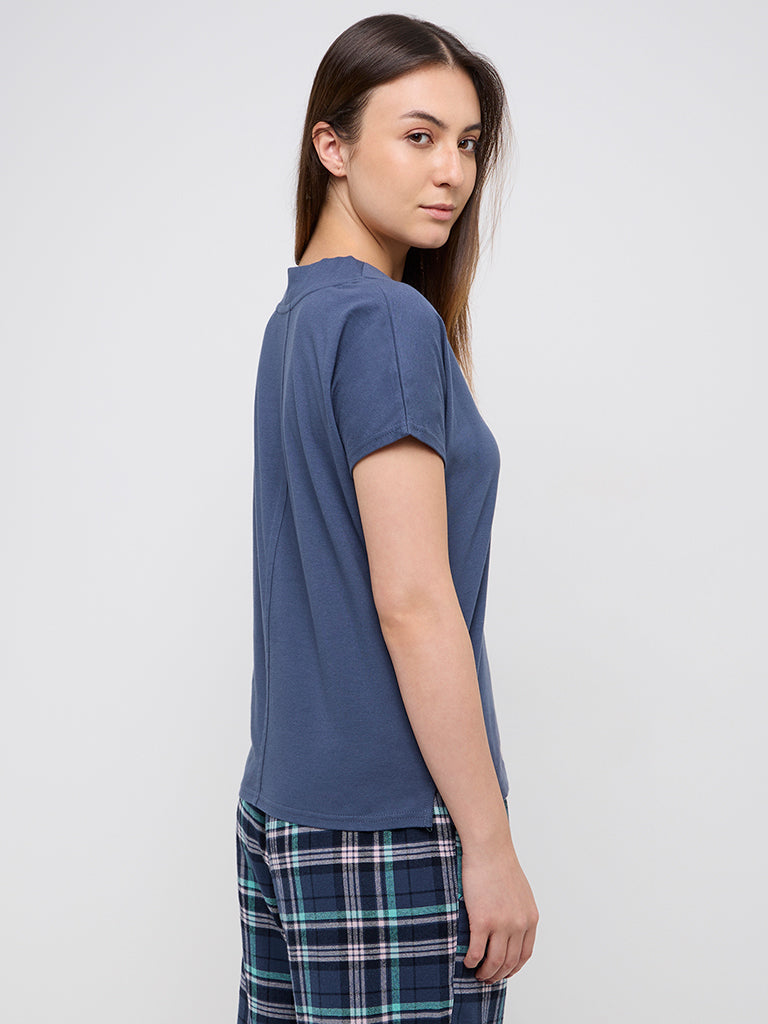 Wunderlove Dark Blue V-Neck Cotton Top