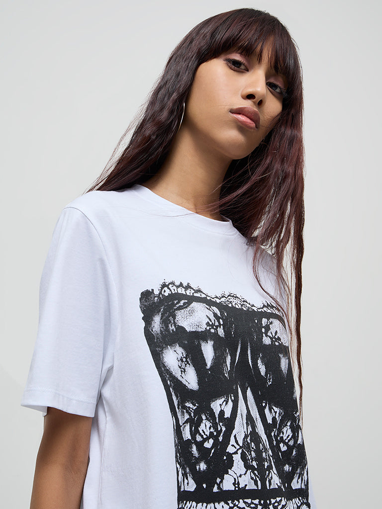 Nuon White Corset Printed Cotton T-Shirt