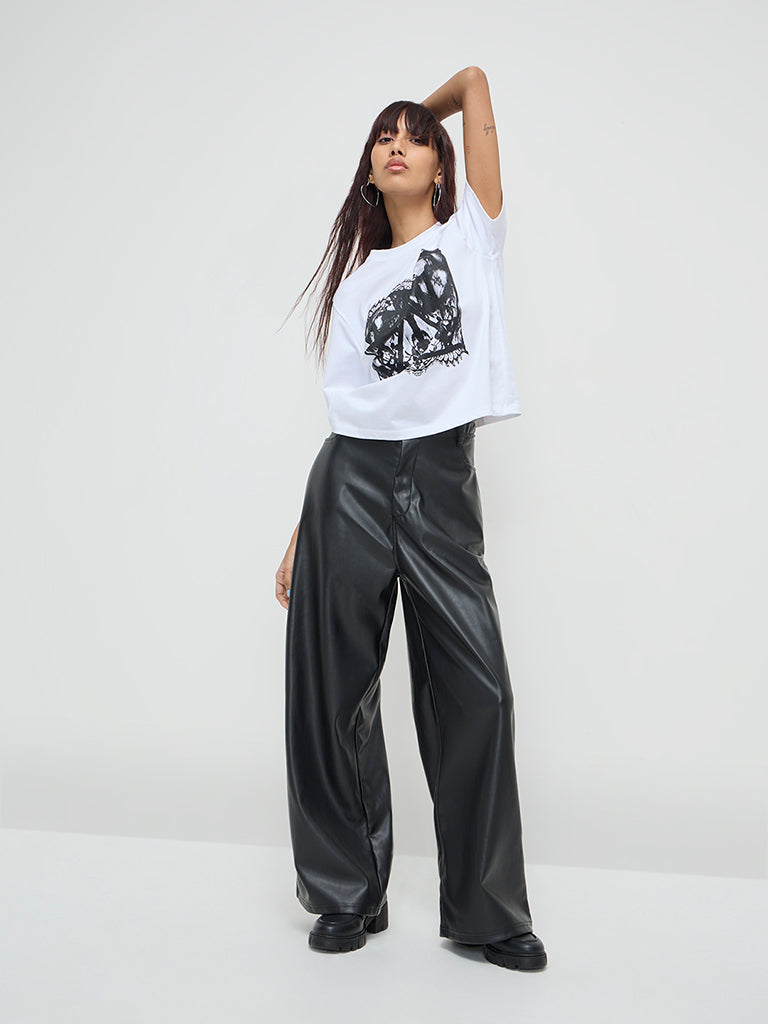 Nuon White Corset Printed Cotton T-Shirt