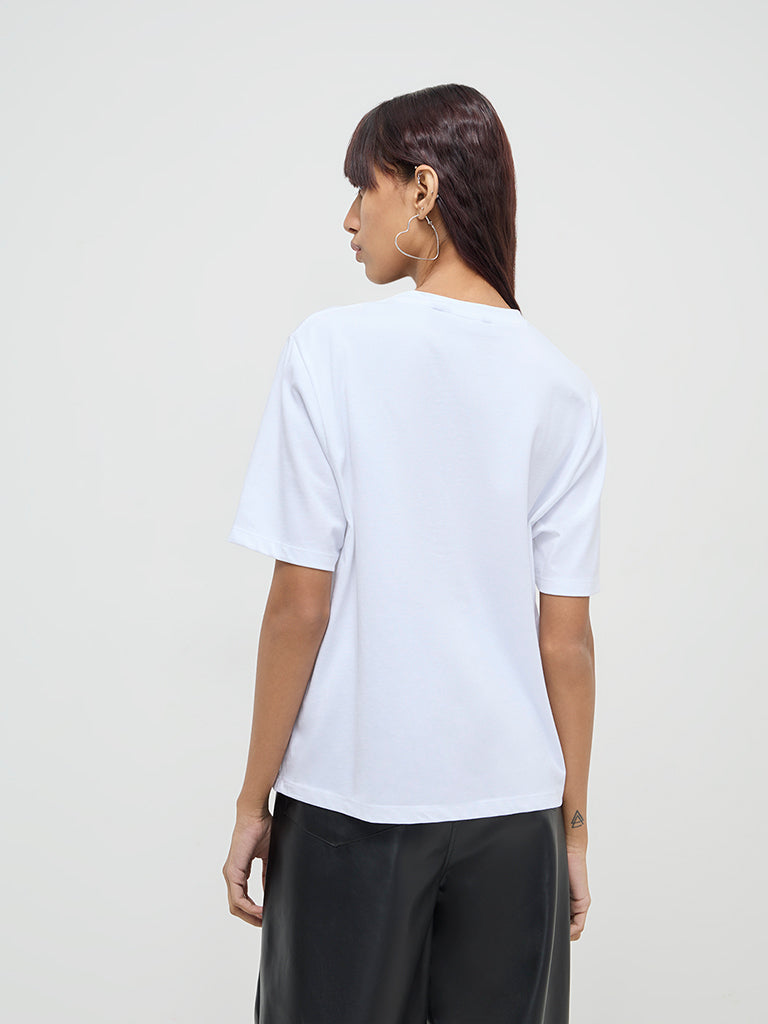 Nuon White Corset Printed Cotton T-Shirt