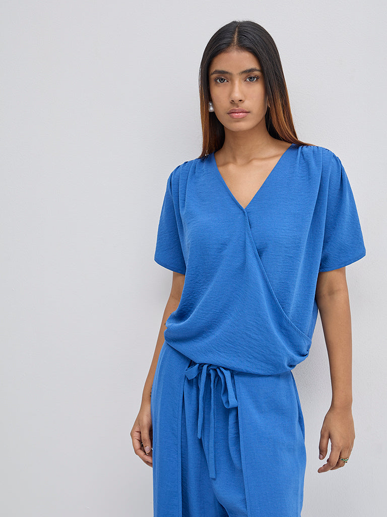 LOV Blue Crinkled Wrap-Style Top