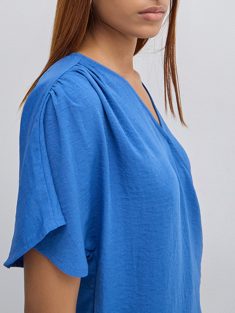 LOV Blue Crinkled Wrap-Style Top