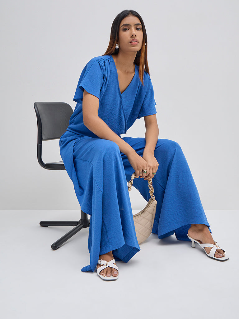 LOV Blue Crinkled Wrap-Style Top