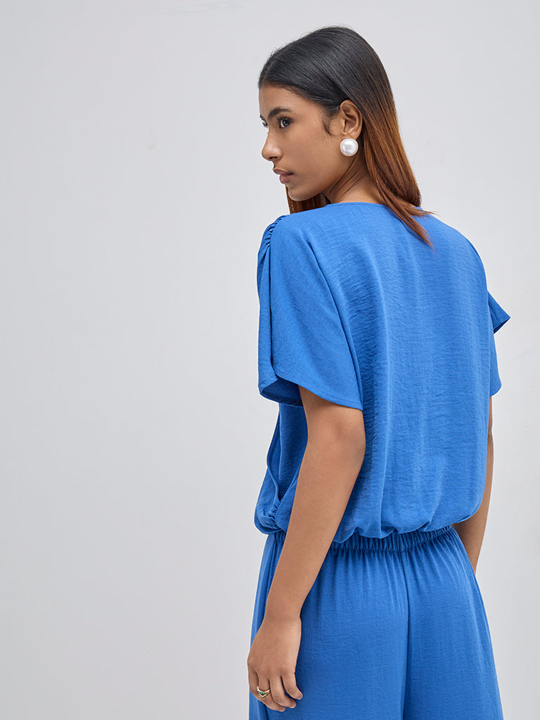 LOV Blue Crinkled Wrap-Style Top