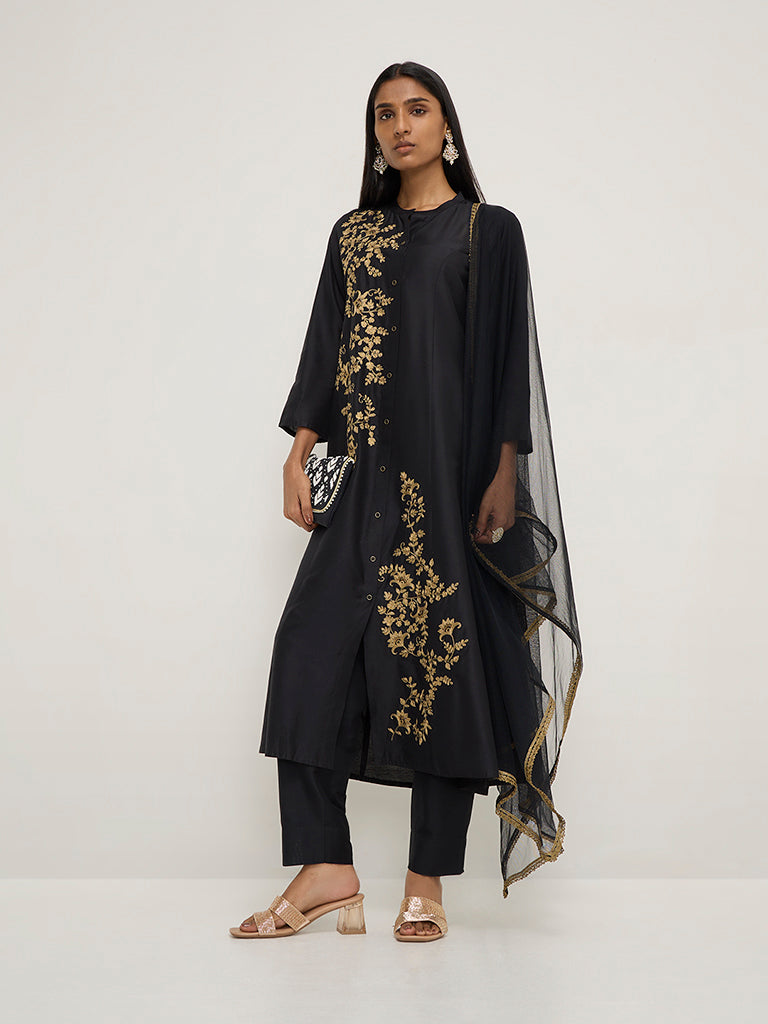 Vark Black Floral A-Line Kurta, Pants & Dupatta