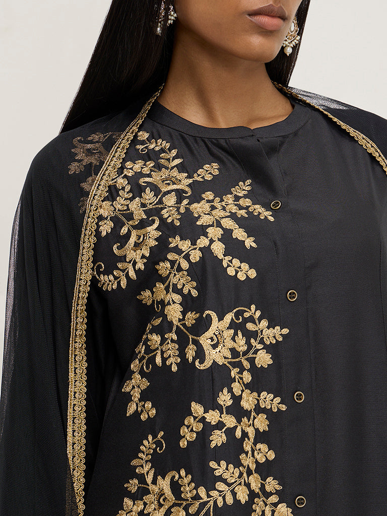 Vark Black Floral A-Line Kurta, Pants & Dupatta