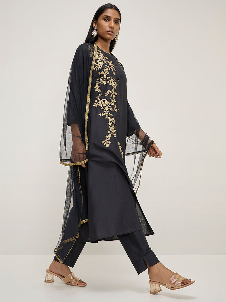 Vark Black Floral A-Line Kurta, Pants & Dupatta