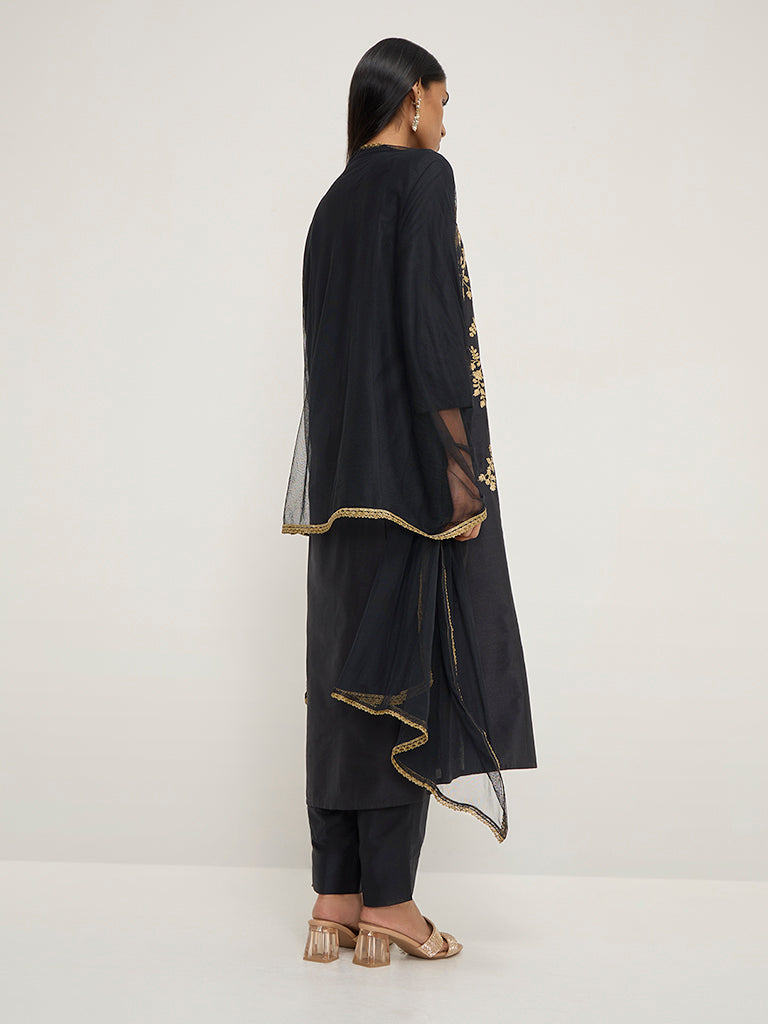 Vark Black Floral A-Line Kurta, Pants & Dupatta