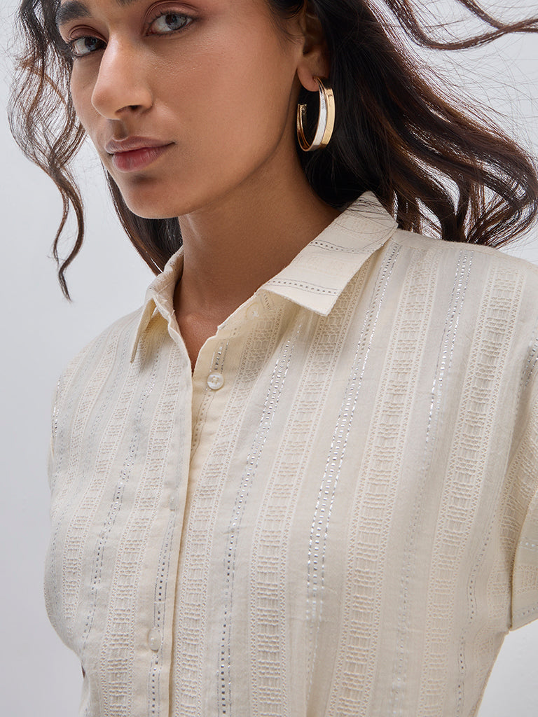 LOV Beige Self Tiered Cotton Shirt Dress with Belt