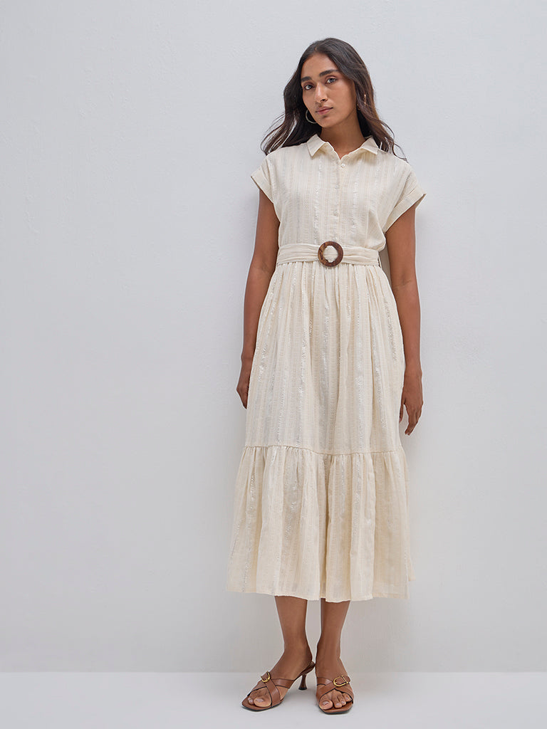 LOV Beige Self Tiered Cotton Shirt Dress with Belt