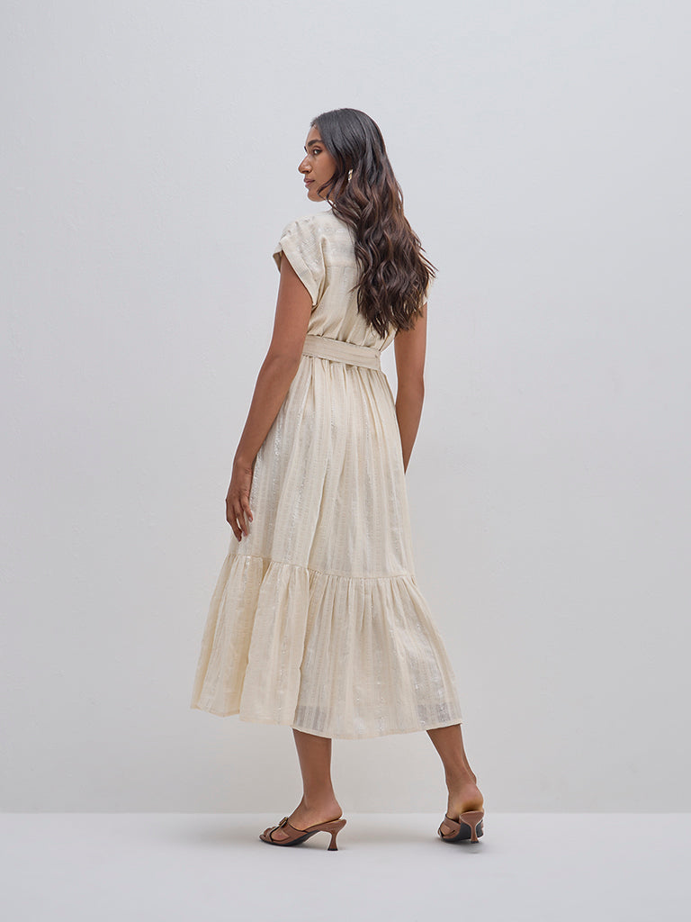 LOV Beige Self Tiered Cotton Shirt Dress with Belt
