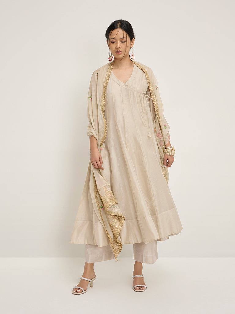 Vark Beige Cotton-Blend Angrakha Kurta, Inner, Palazzos and Dupatta Set