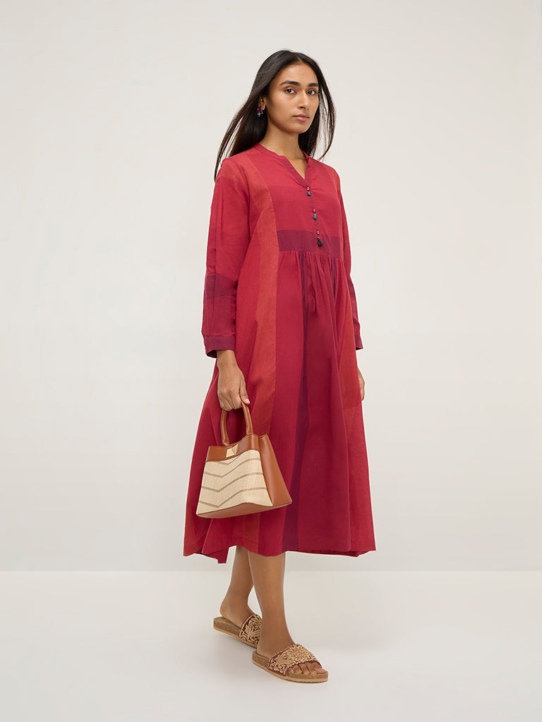 Utsa Red Colour-Blocked Fit-and-Flare Cotton Kurta