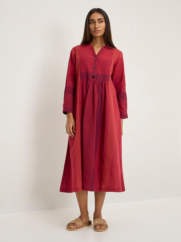 Utsa Red Colour-Blocked Fit-and-Flare Cotton Kurta