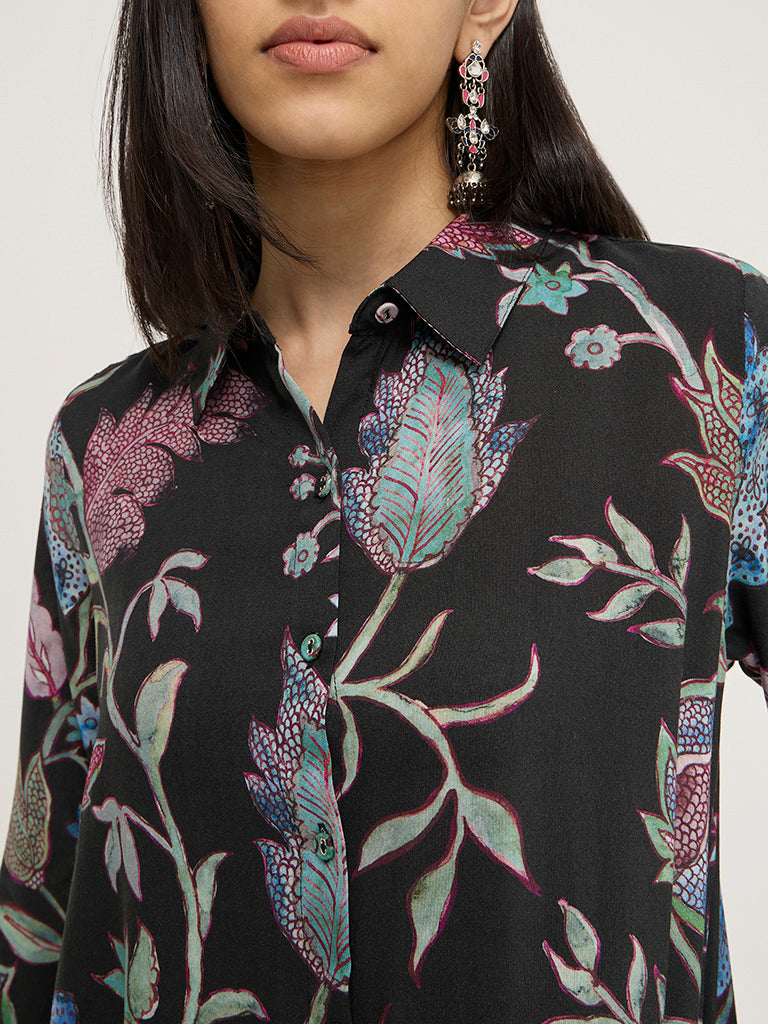 Utsa Black Botanical Printed Straight Kurta