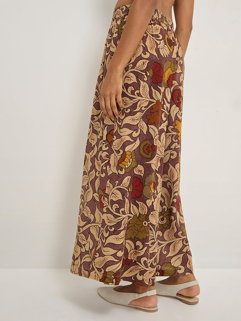 Utsa Purple Floral Print High-Rise Palazzos