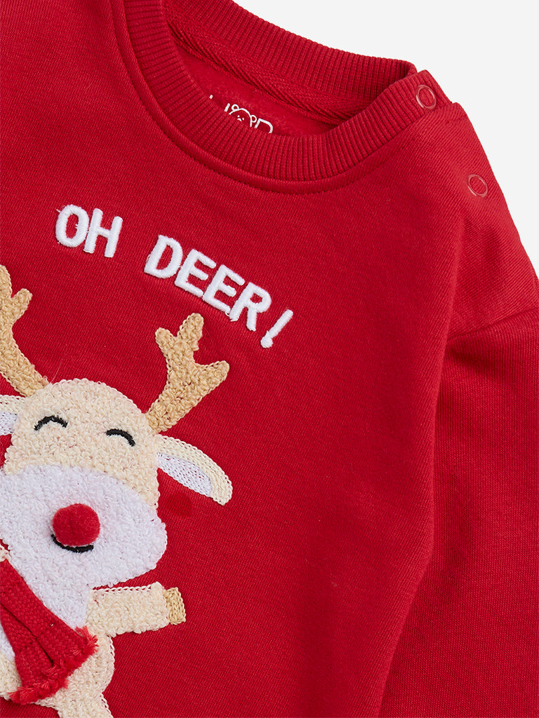HOP Baby Red Animal Embroidered Cotton-Blend Sweatshirt